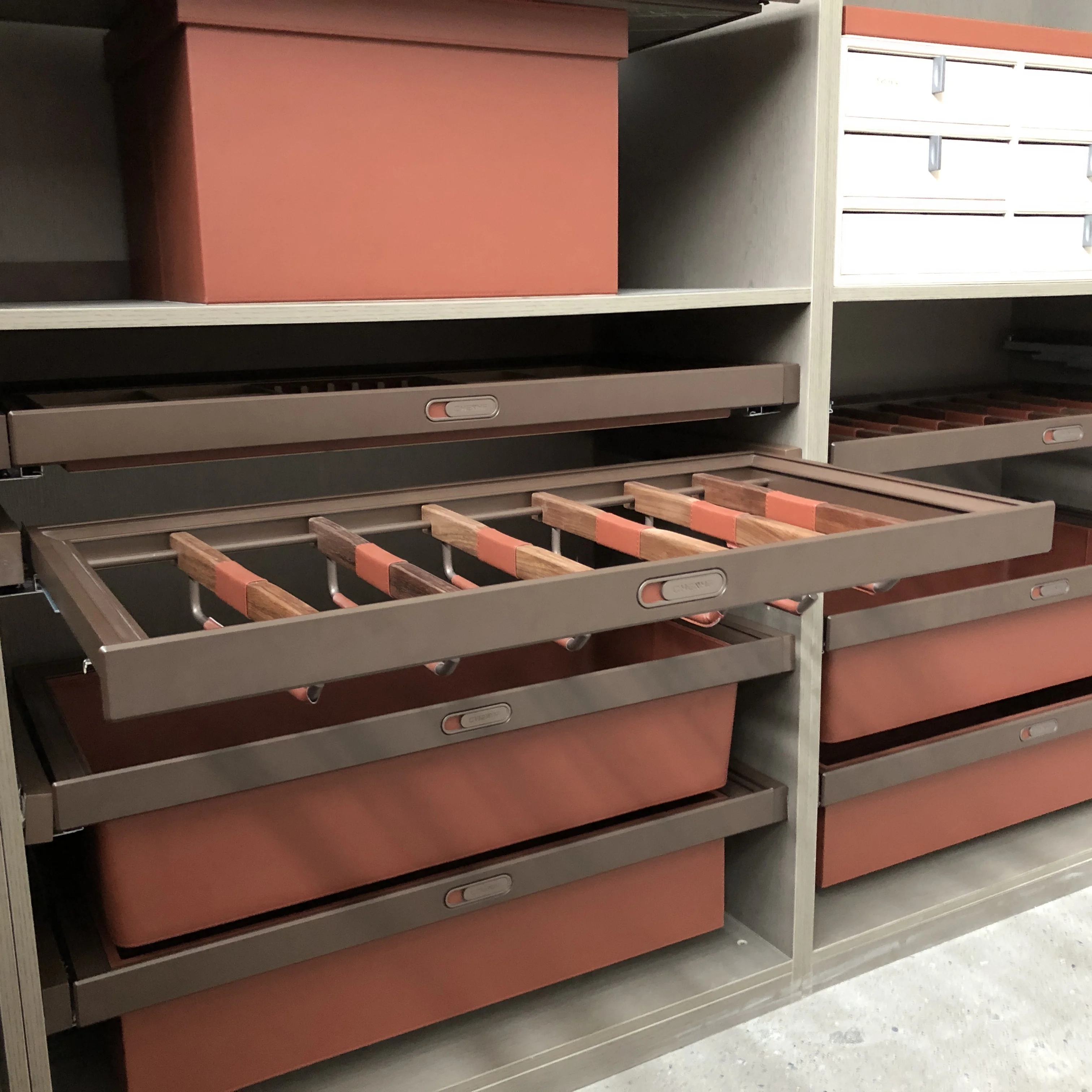 Aluminium Walnut Wood Wardrobe Drawer Slide Closet Organizer Pull Out Soft Close Leather Trouser Rack