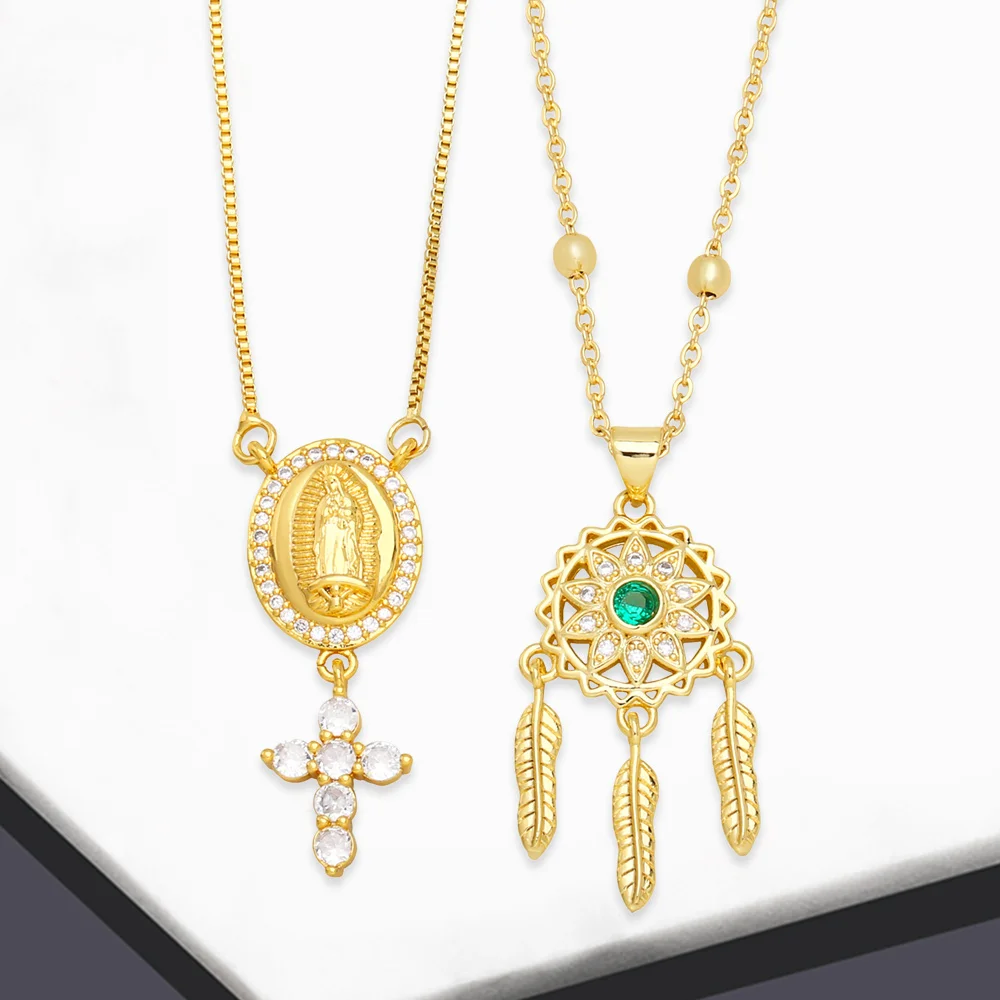 Gold Plated Virgin Mary Pendant Cross Necklace for Women Copper Zircon Dreamcatcher Necklace Crystal Jewelry Gifts
