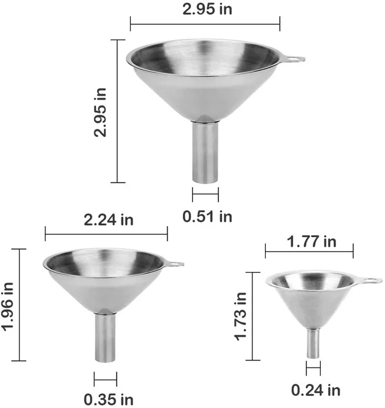 Transfer to liquid and dry Ingredients kitchen funnels oil strainer 3 packs food grade stainless steel hopper metal oil funnel