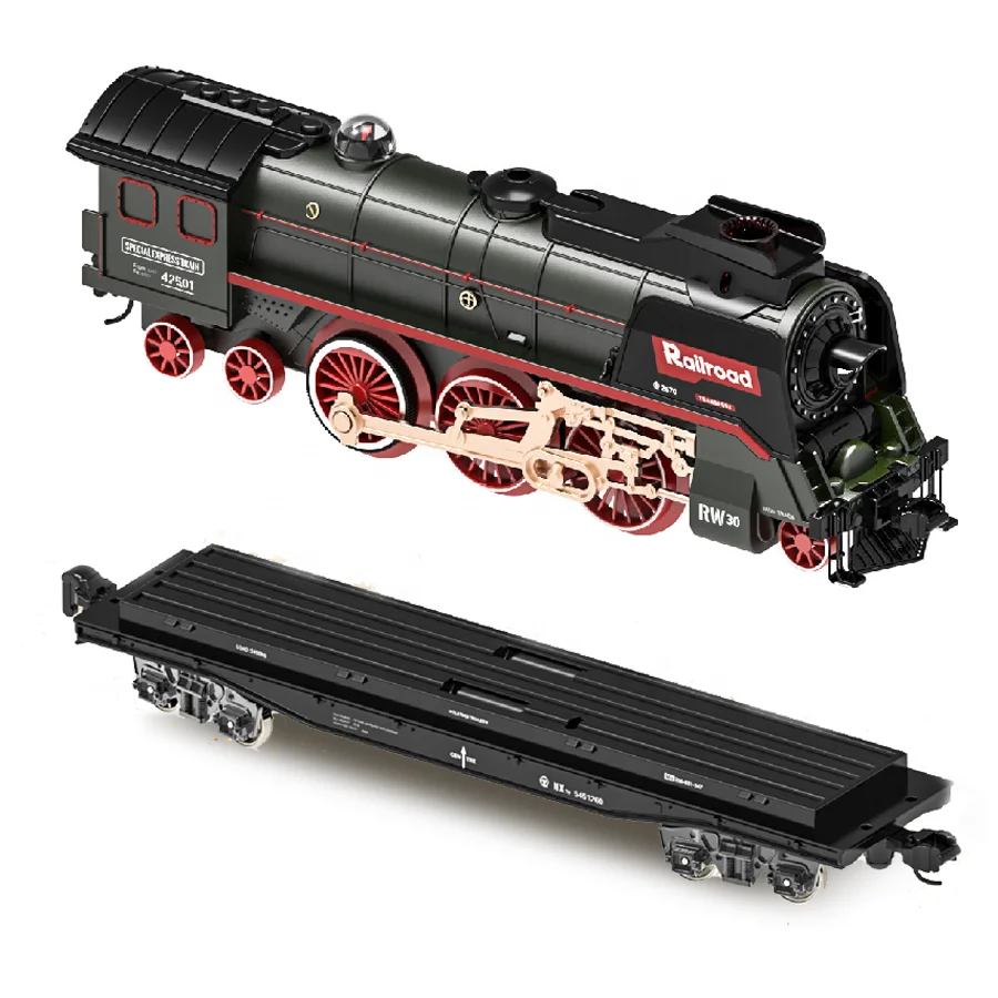 Classic Steam Train Set with Trailer Container Transporter with Smoke Light Sound for Kids Play Indoor
