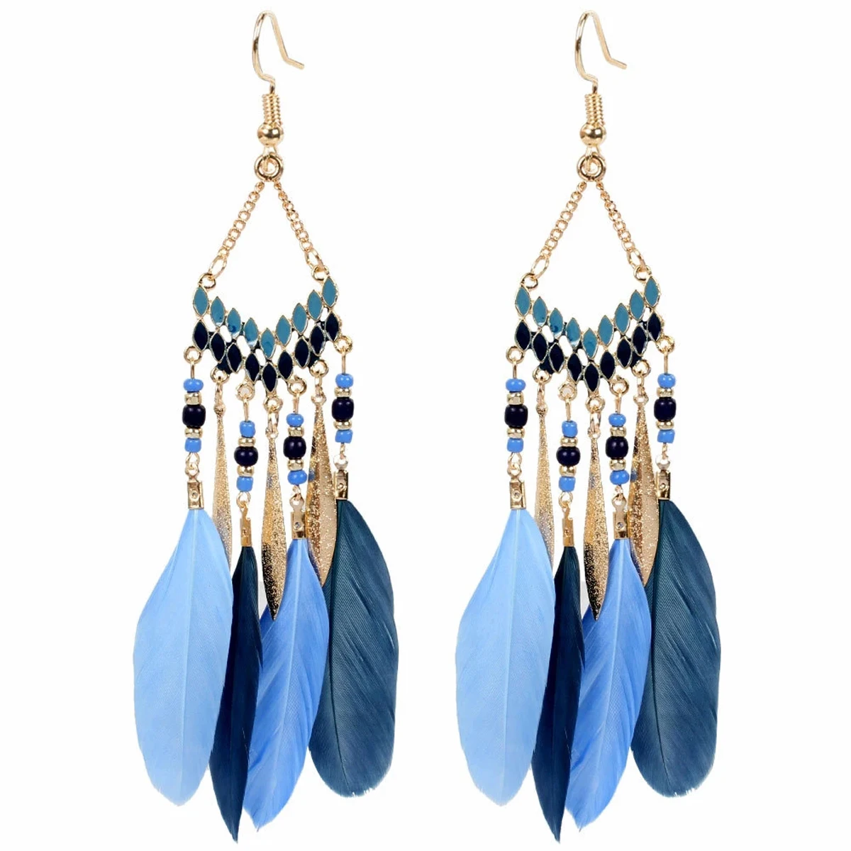 Ethnic Jewelry Colorful Enamel Seed Bead Dangle Earrings Long Tassel Feather Earrings for Women