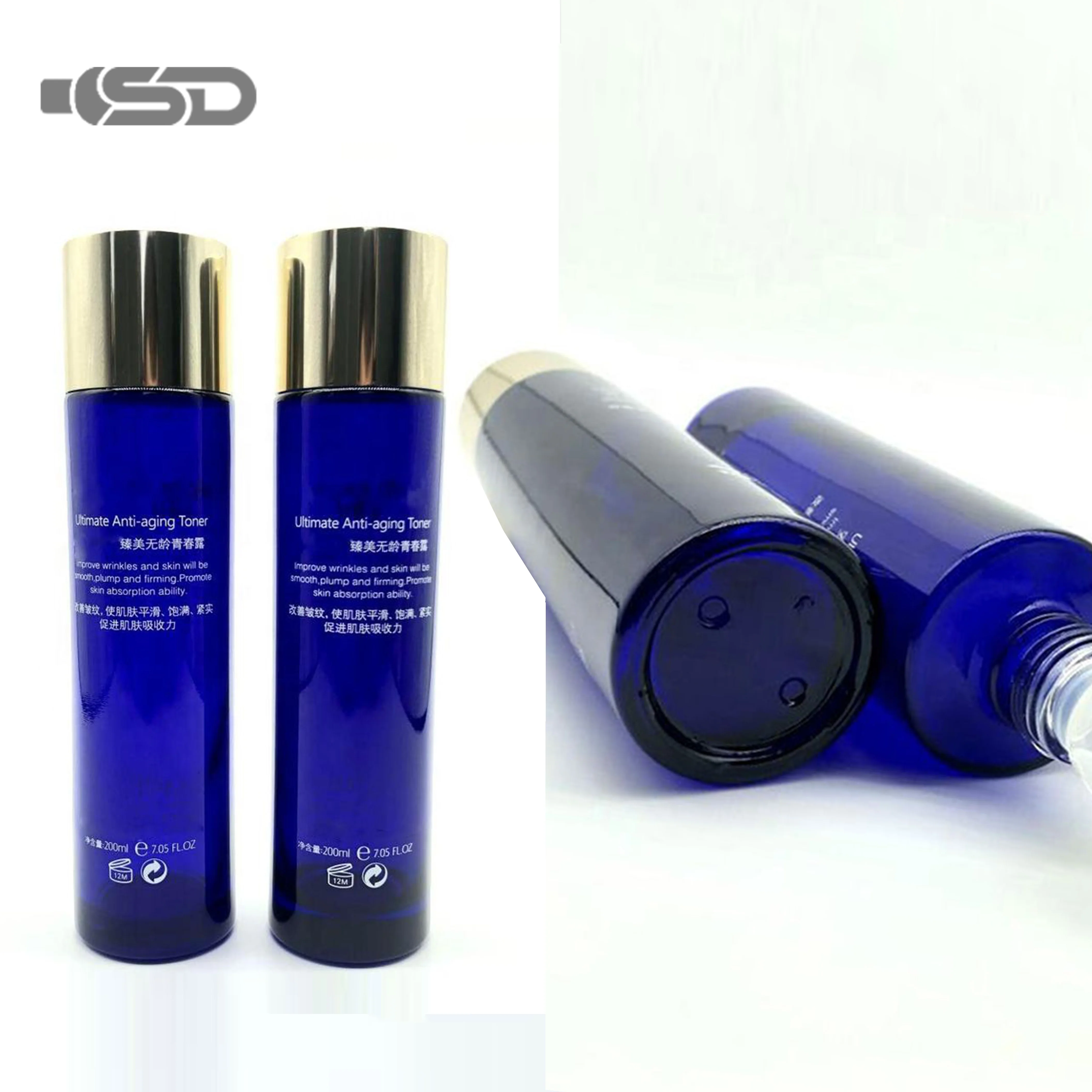 200ml High End Cylinder Blue 200ml Body Lotion Empty Toner Glass Bottle With Gold Cap