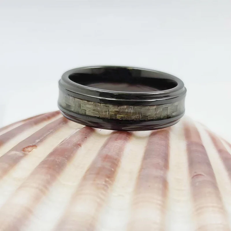 Wholesale Fashion Black Plated Tungsten Carbide Rings Inlay Grey Color Carbon Fiber Wedding Jewelry