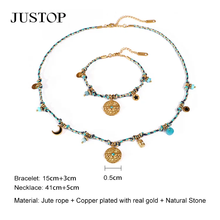 Jewelry Bohemia 18K Gold Stainless Steel Black Enamel Moon Star Cotton Braided Bracelet Clavicle Necklace Jewelry Set for Women