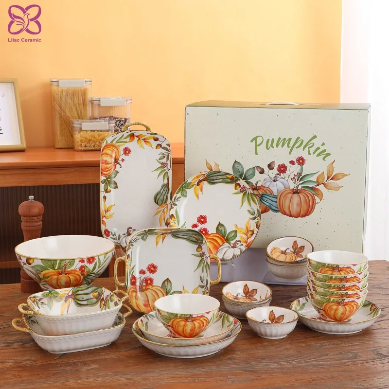 Pumpkin Series Ceramic Dinner Set For Home Restaurant New Ceramic Dinnerware Bowl/Plate/Spoon Sets