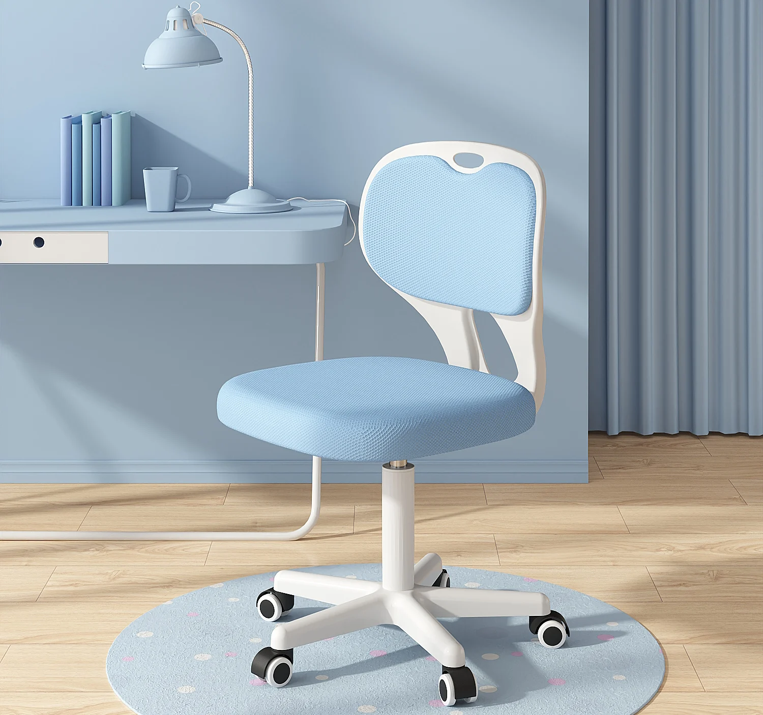 Swivel Home Desk Chair,Basics Upholstered, Low-Back, Adjustable,  Blue Seating