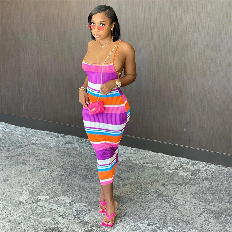 New Arrivals Women Summer Casual Dress Color Stitching Striped Suspender Bodycon Sexy Maxi Dress Women Lady Elegant