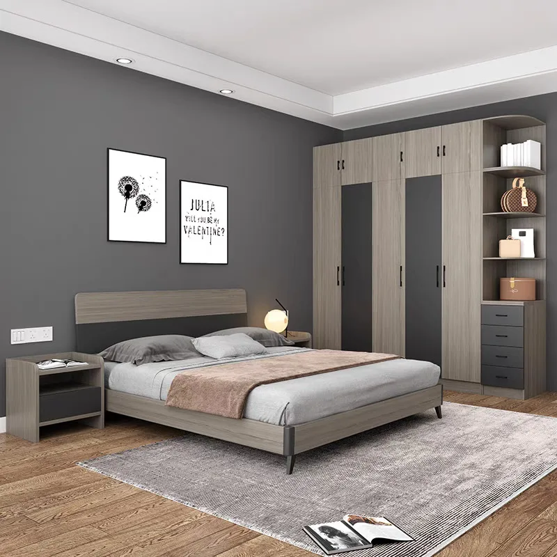 Double Simple Modern Home Hotel Bedroom Sets Furniture Wooden Double King Size Leather Bed