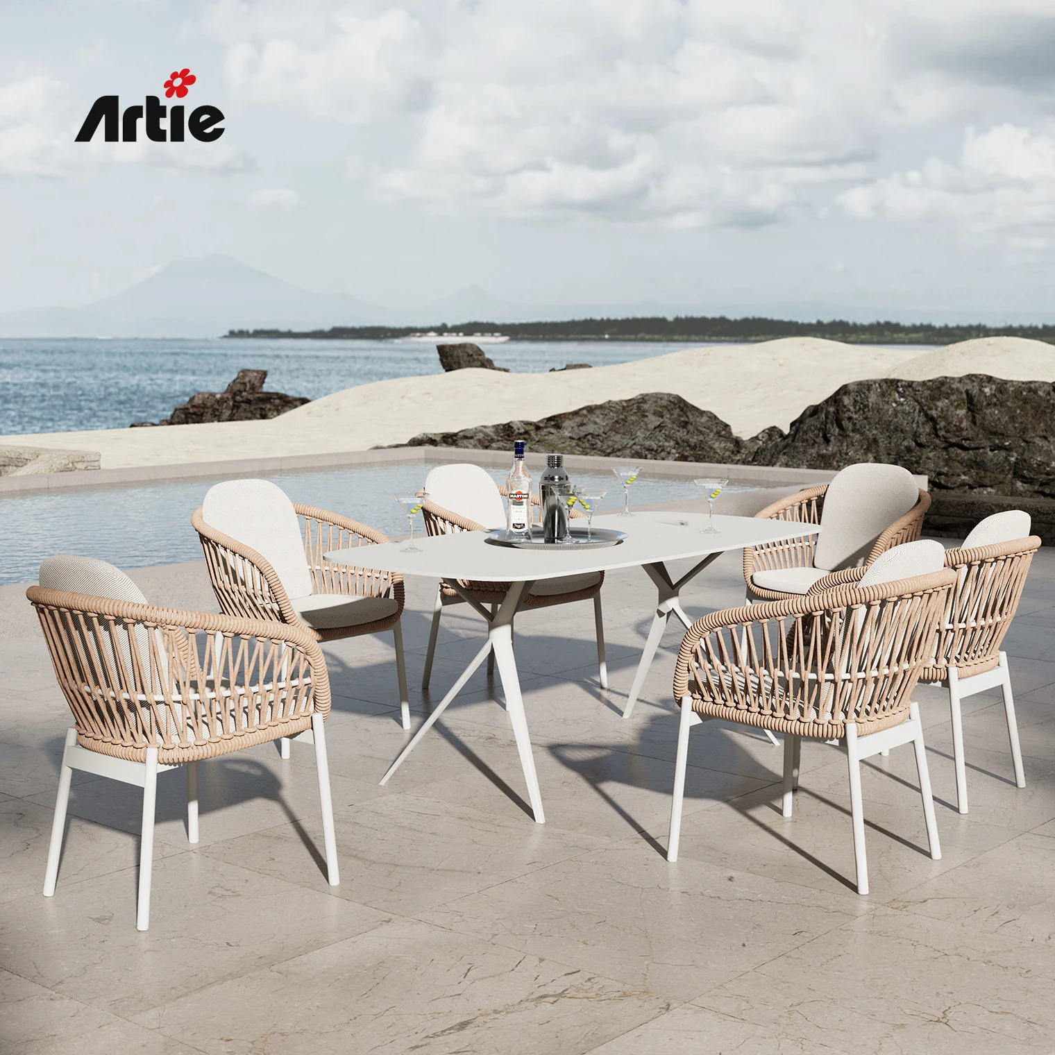 Artie Outdoor Rattan Furniture Aluminium Dinning Set With 6 Chairs Dining Tables Set Luxury Restaurant Furniture Outdoor