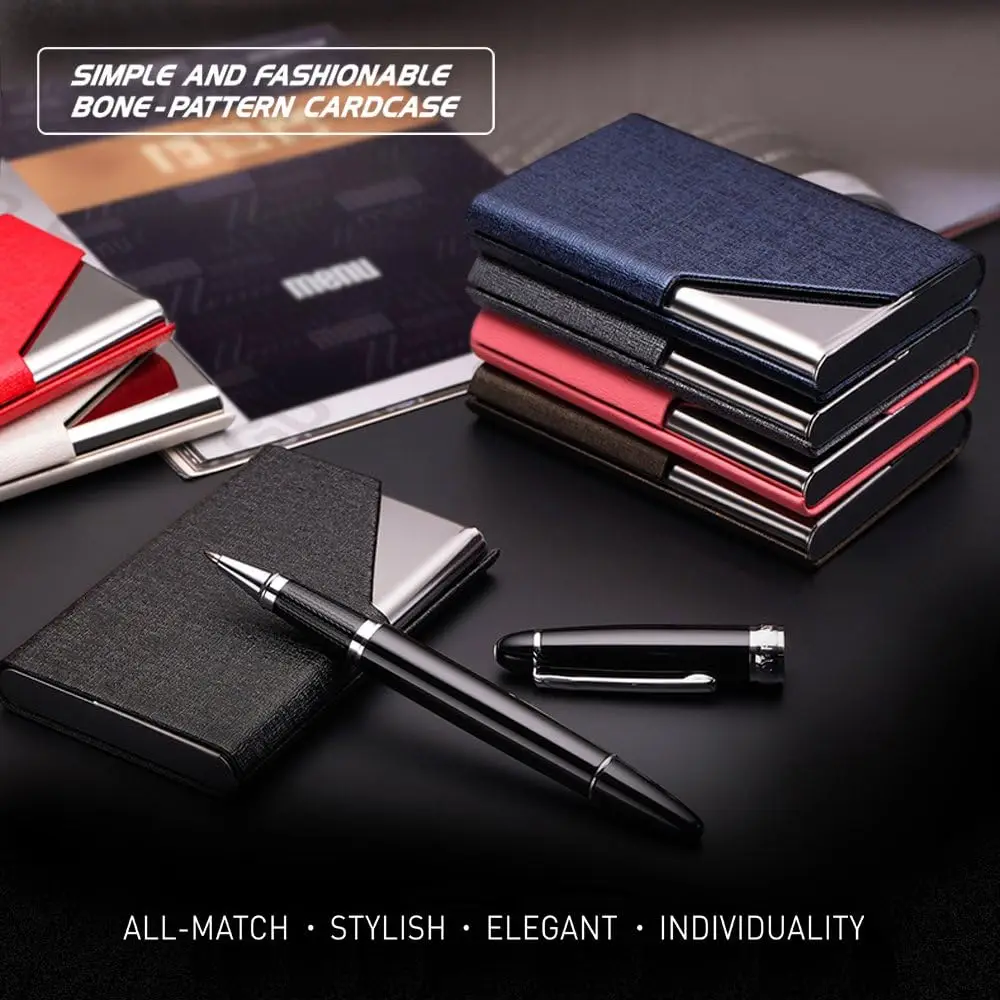 Engraved Logo Customized Logo Business Card Holder Name Card Case, PU Leather & Stainless Steel Credit Card Case for Men & Women