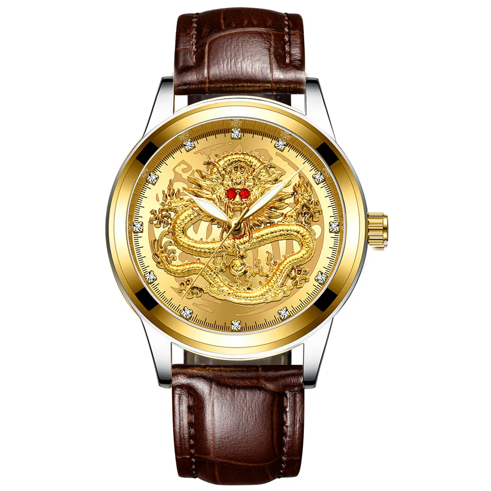 FNGEEN Luxury Sports Quartz Watches Men Women Full Gold Big Dial Dragon Phoenix Waterproof Luminous Calendar Stainless Steel