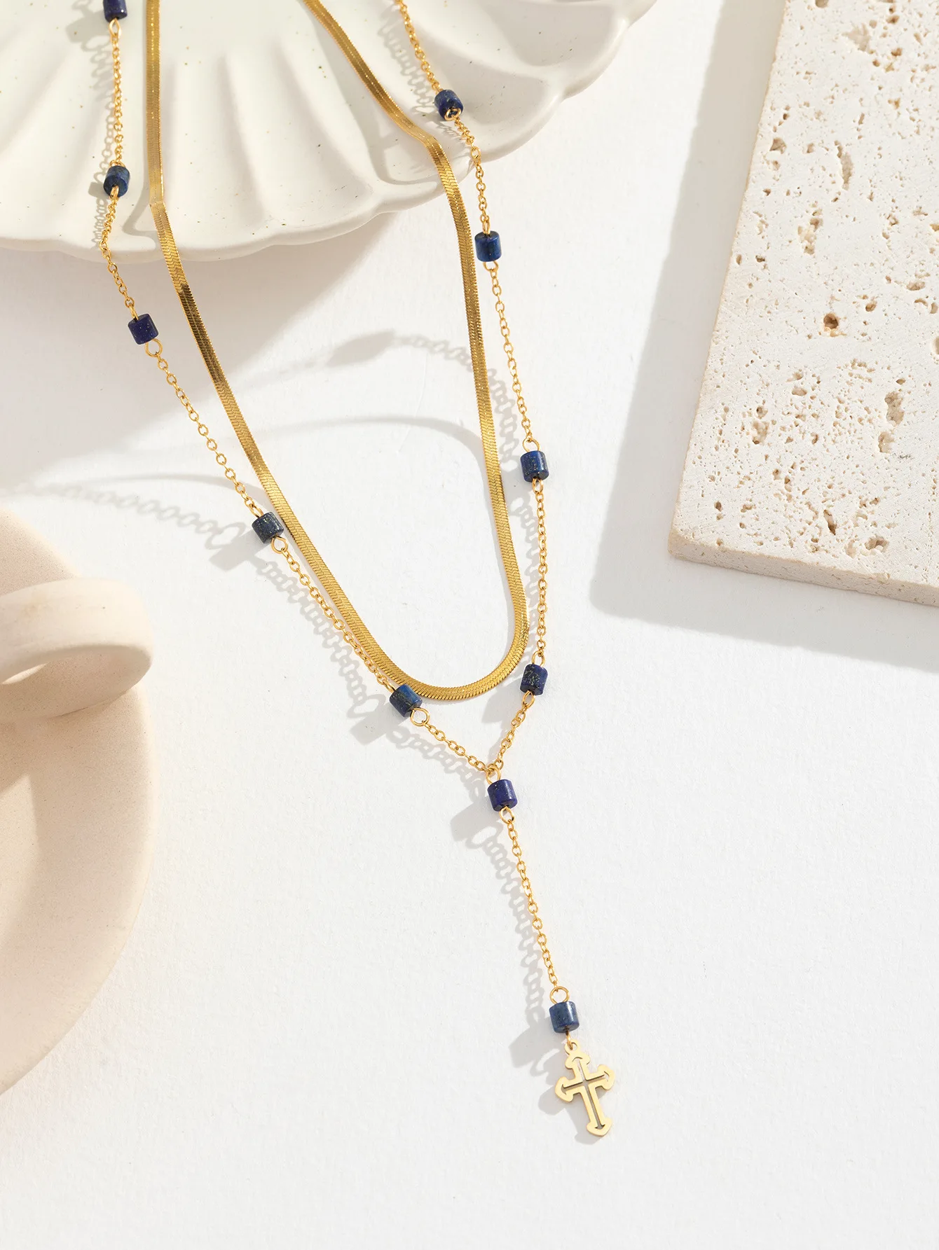 Lapis Cross Necklace 18K Gold Plated Stainless Steel Dripping Oil Double Layered Chain Choker Non Tarnish Waterproof