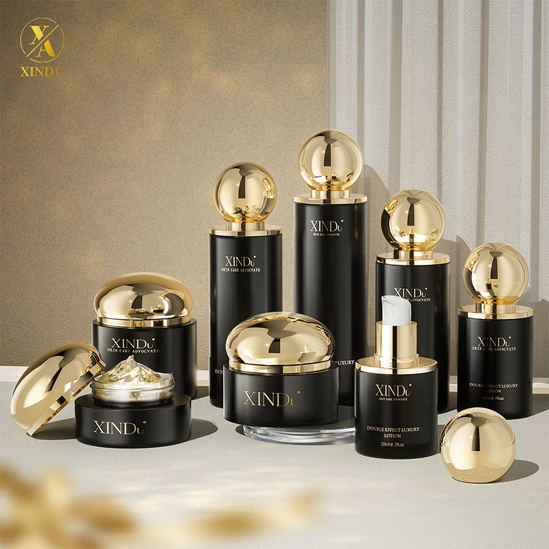 Luxury Wholesale Gold Ball-Shaped Glass Bottle Set Unique Lotion Pump Cream Jar with Offset Printing for Cosmetic Use