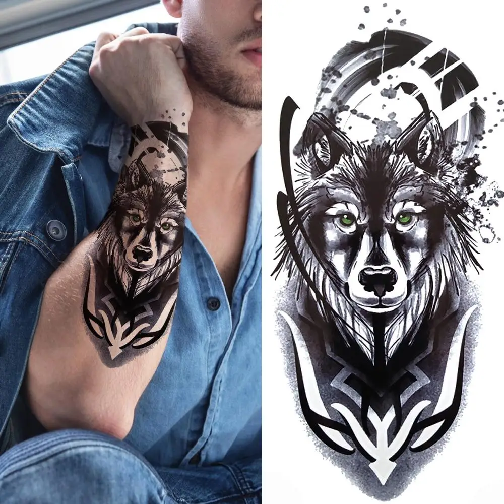 Animals Temporary Tattoos For Women Men Half Arm Sleeve, 3D Large Tribal Tiger Lion Death Skull Sexy Tattoo Stickers