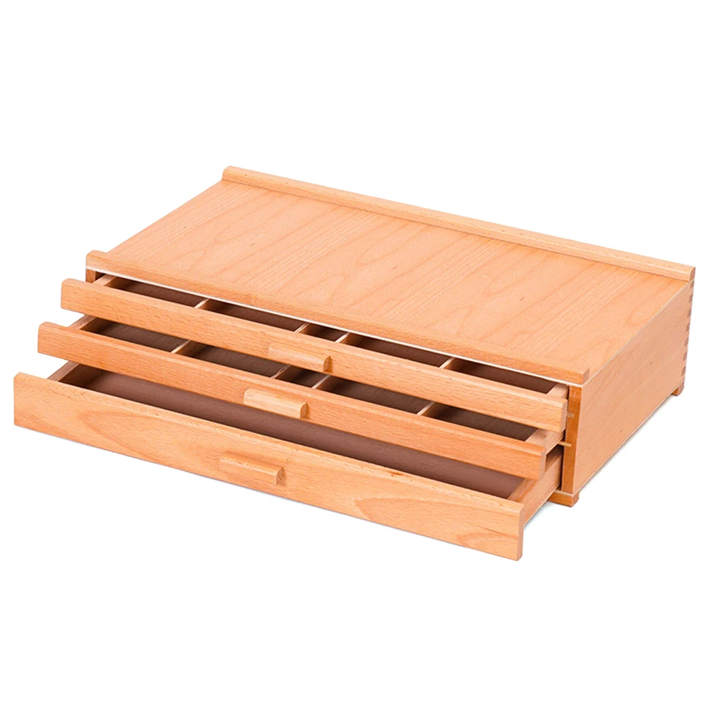 Panwenbo 3-drawer Wood Artist Supply Storage Box Portable Beechwood Multifunctional Pencil Brush Organizer Wood Box with Drawer