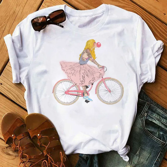 Women Graphic Flower Bike Bicycle Web Style Trend Fashion 90s Short Sleeve Lady Clothes Tops Tees Print Female Tshirt T-Shirt