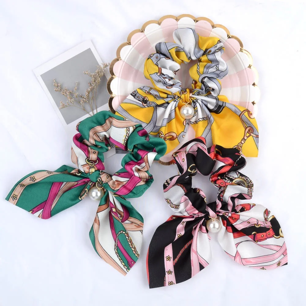 
Vintage streamer large intestine ring ladies pearl pendant bow hair ring satin hair bundle 