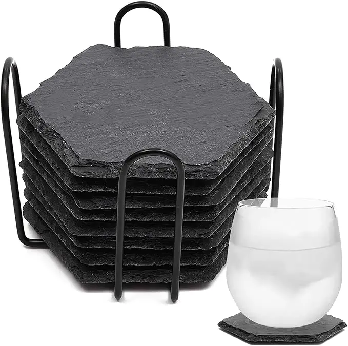 Natural Slate Hexagon Drink Coasters Mats - Ideal for Mugs, Glasses, Cups and More - (10 x 10cm)