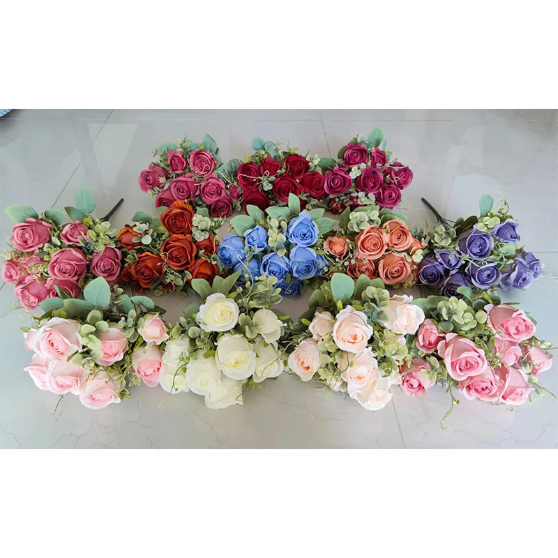YIWAN Wholesale 9 hand seasonal roses buds Artificial silk Flower Cabbage Roses Wedding Decorative Big bunch of Flower