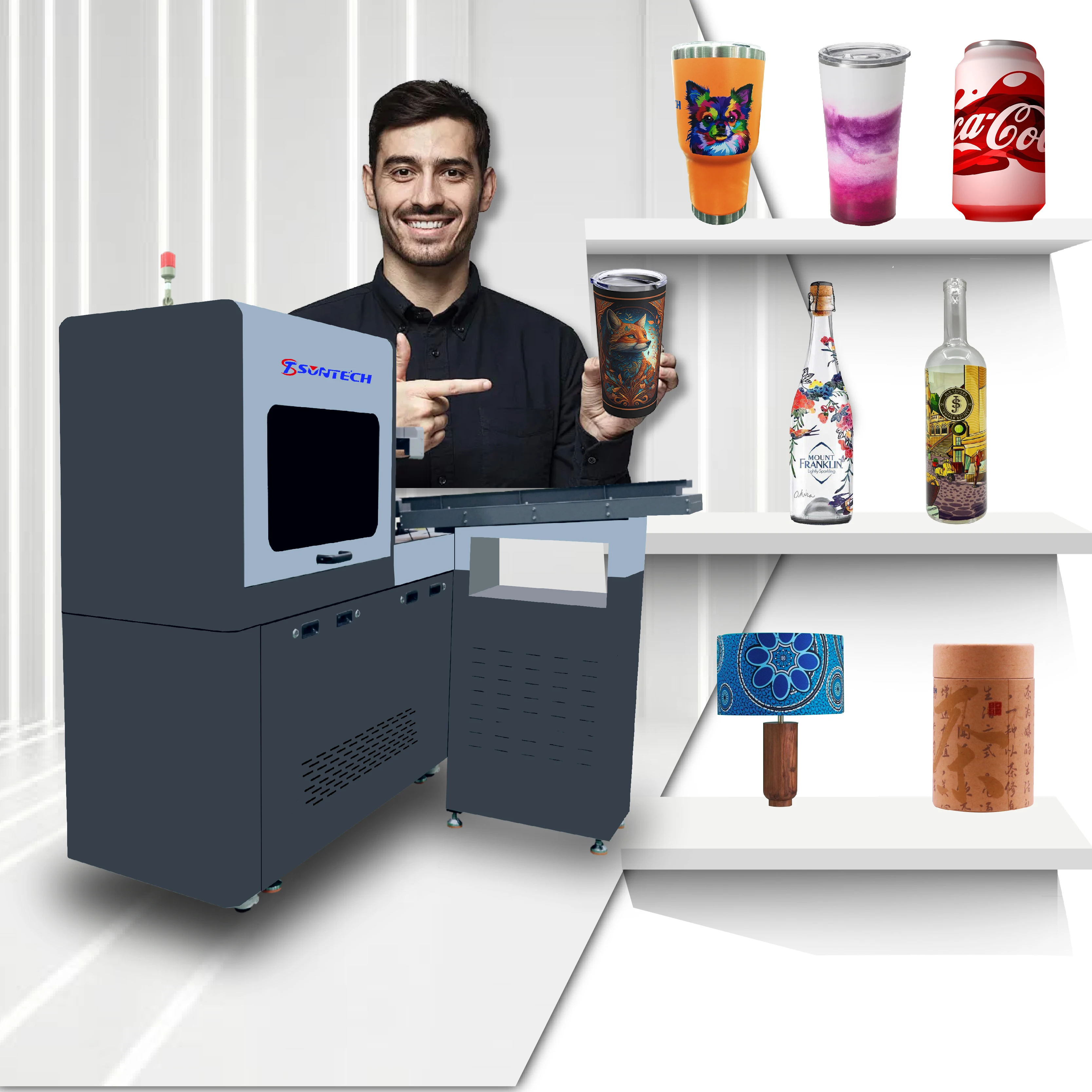 Suntech Digital Inkjet Cylindrical Uv Printer For  Glassware Aluminum Cans And Spirit Bottle Printing Machine
