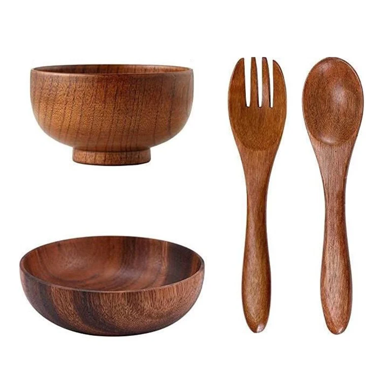 Wholesale Acacia Salad Wooden Bowl Antique Natural Bamboo Salad Bowl With Spoon