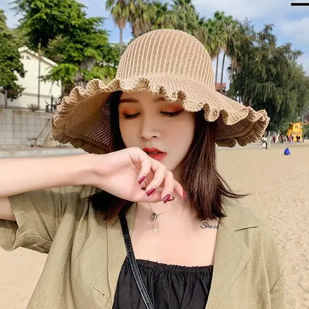 Knitted empty top hat women Korea summer outing sunscreen bow straw hat foldable beach big eaves sun hat
