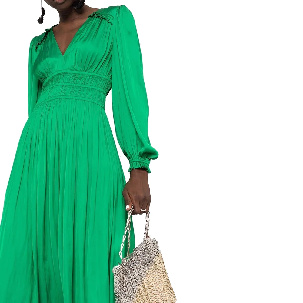 Custom Loose Fit Long Puff Sleeve Lady Elegant Womens Dresses Gathered Waist V-neck Evening Dresses