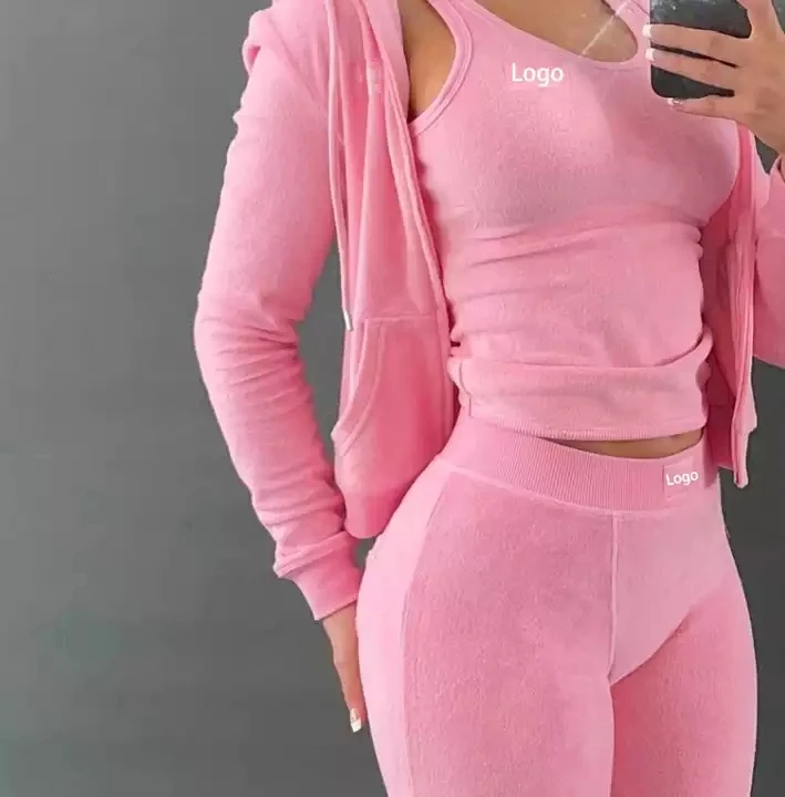 QY 2023 New Arrivals Streetwear Bodysuit Tracksuits Pink Hoodie Sweat Set Vest Short Sweatshirt Pants 3 Two Piece Set For Women