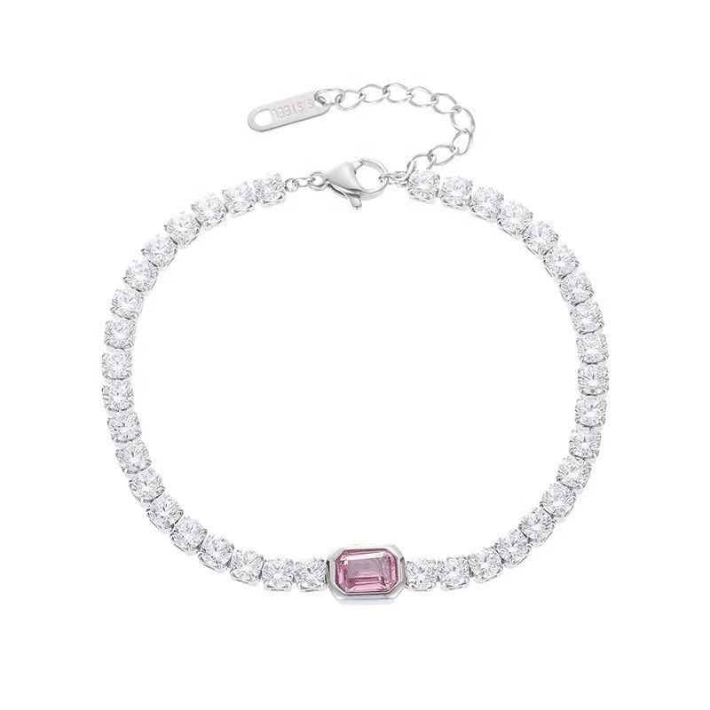 Adjustable Size Multi Color Diamond Bling Girl Tennis Chain Titanium Steel Chain Full Drill Pink Stainless Steel Women Bracelet