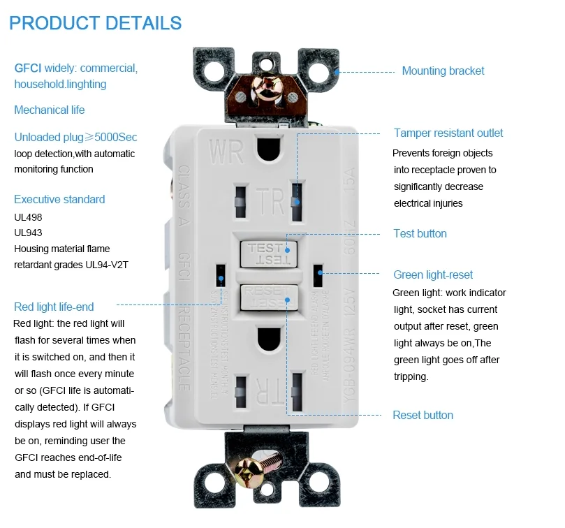 Shanghai Linsky 15A 125V Tamper & Weather Resistant Self Testing  GFCI Receptacle Residential / General-Purpose