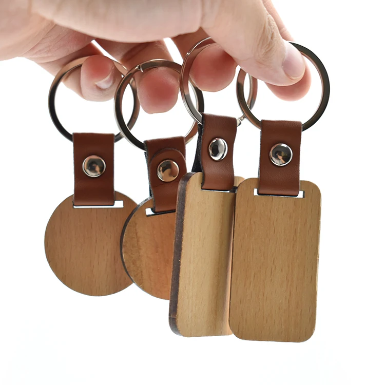 Custom Logo Blank Wooden Keychain Handmade Round Shape Keyring With Split Key Ring Leather