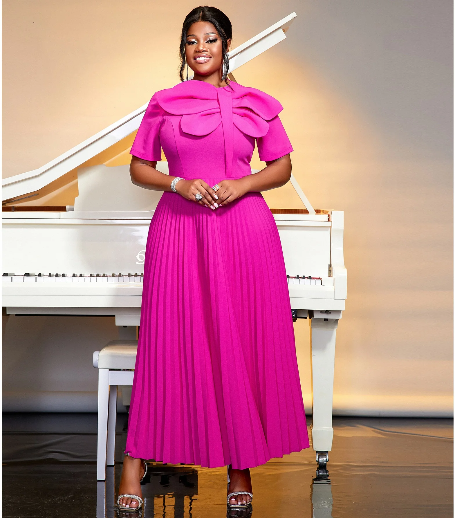 Short Sleeves Asymmetrical Patchwork Pattern Pleated Women Casual Dress