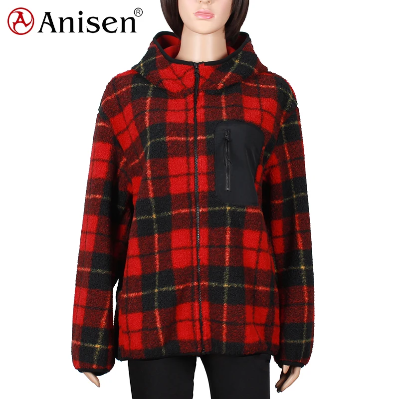 Low moq women sherpa fleece plaid jacket zip up custom logo winter women jacket with hood