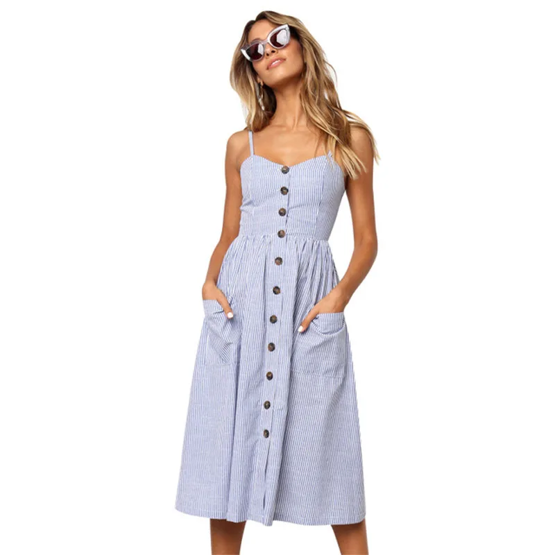 Striped Print Cotton Casual Beach Summer Dress Sundress Sexy Vintage Strap Elegant Off Shoulder Women Midi Dress Vestidos