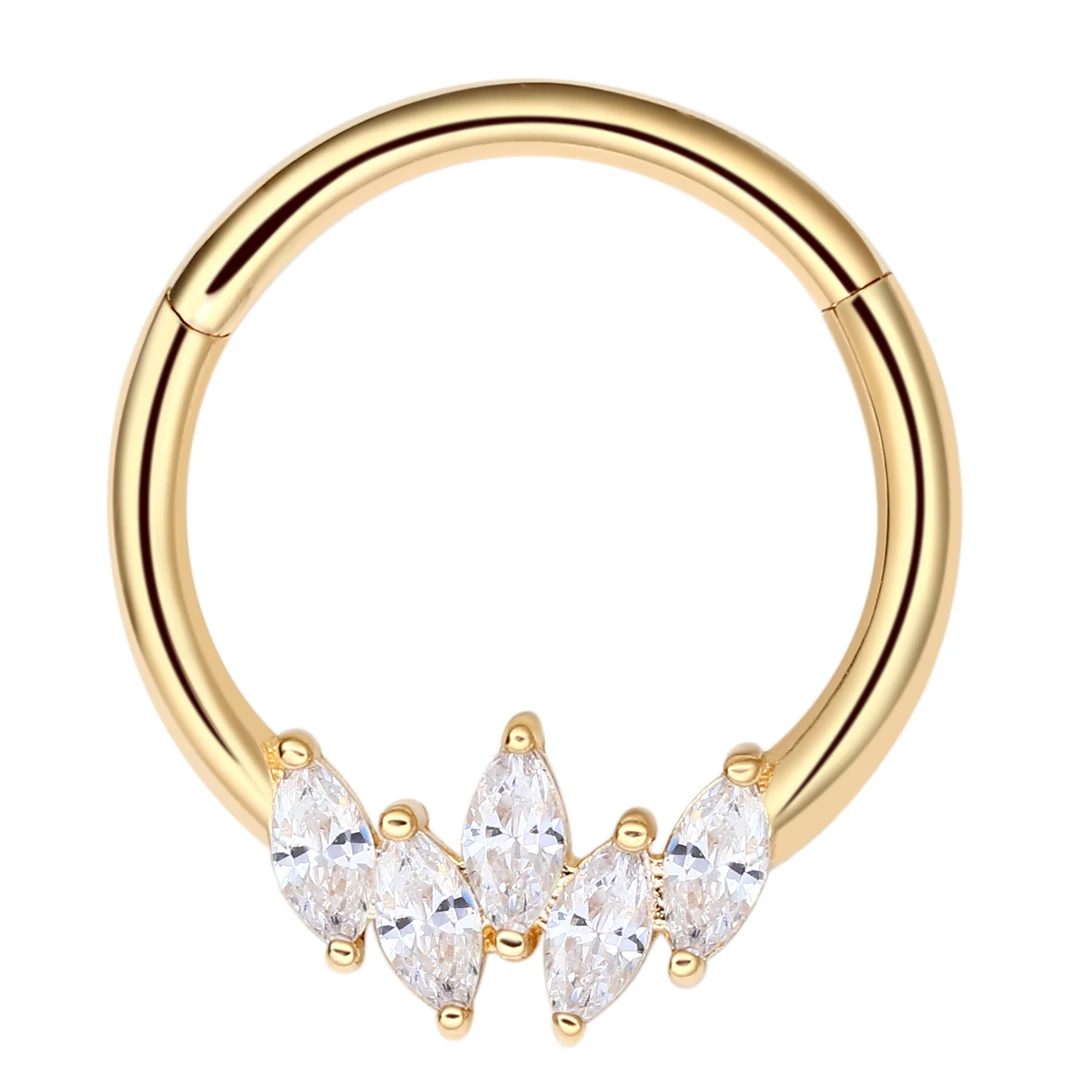 Eternal Metal 14K solid gold  Facing 5 Marquise 5A CZ Hinged Segment Hoop Ring Septum Clicker Helix piercing jewelry
