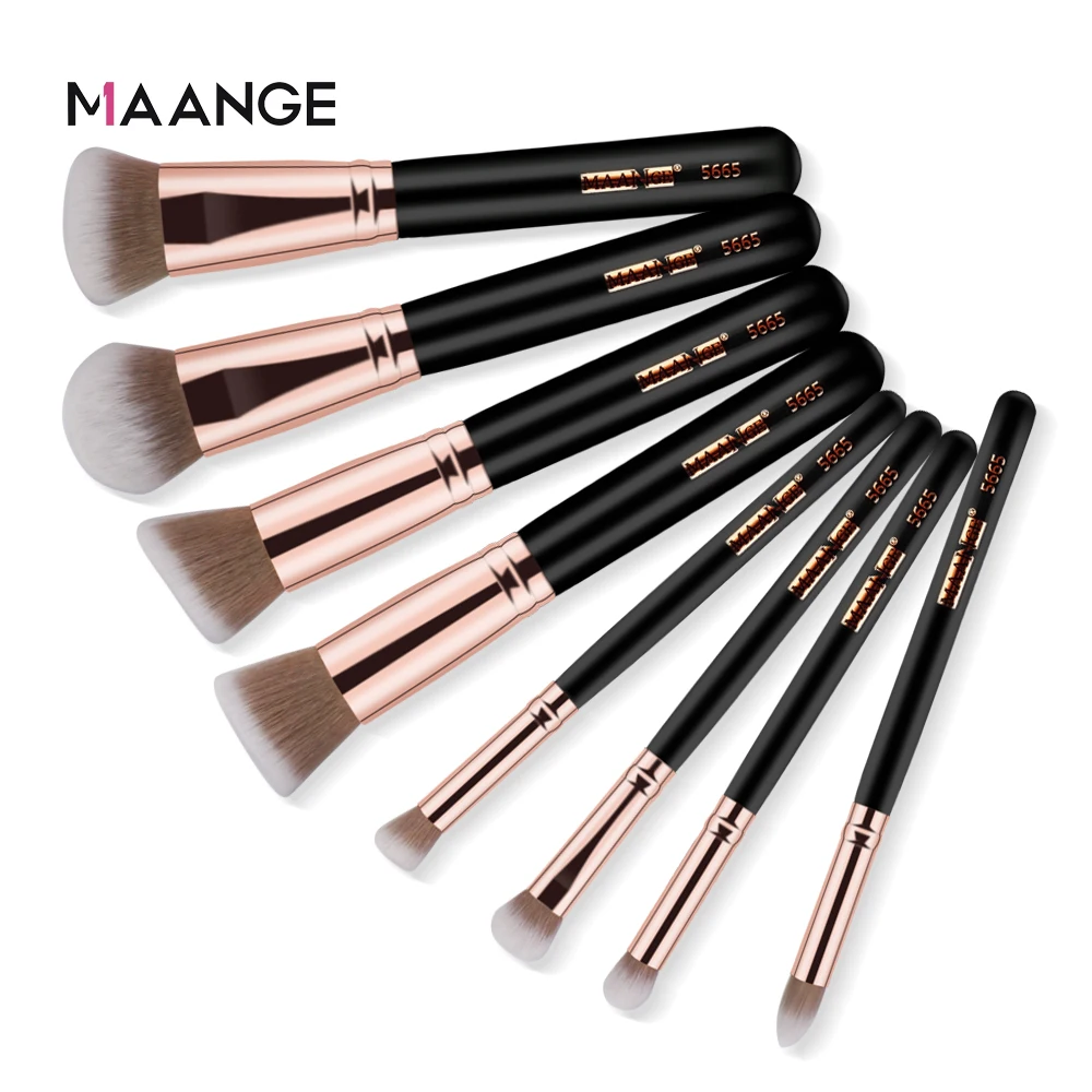 Maange Private Label Wholesale 8 pcs Wood Handle Brow Makeup Foundation Brush Vegan Makeup Brushes