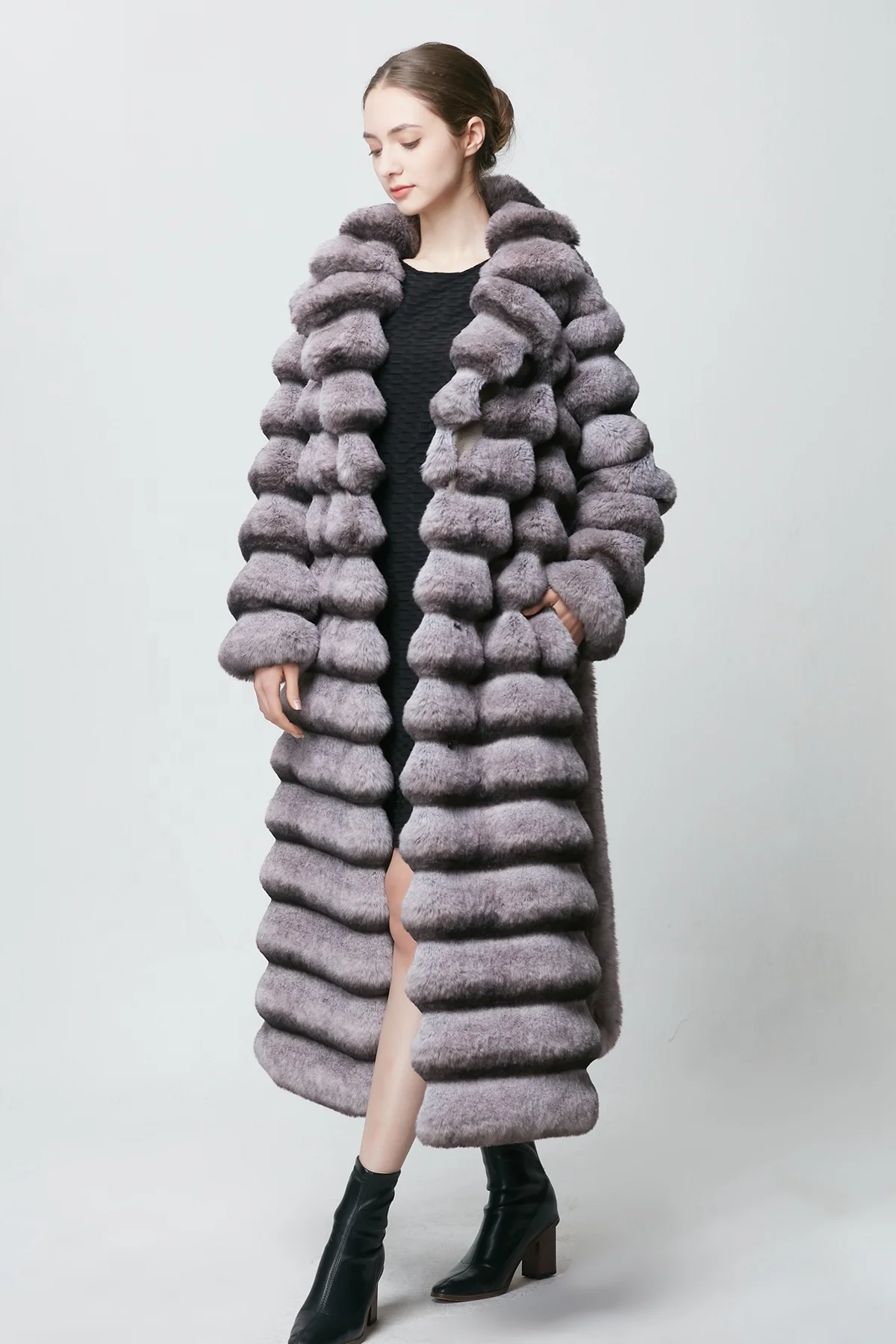 Elegant Turn Down Collar Vintage Large Long Faux Rabbit Fur Chinchilla Trench Womens Faux Fur Coat