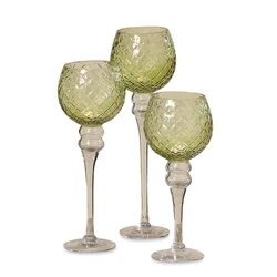 Set of 3 Small diamond pattern yellow-green glass Long Stem Candle Holder