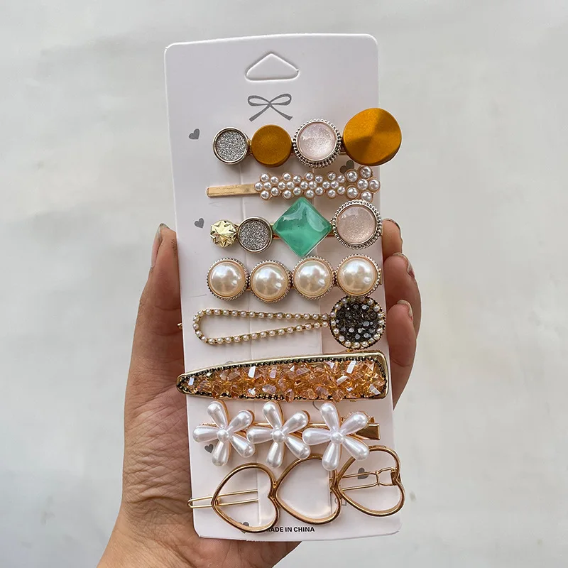 Vintage Bear side clip fashion simple duck beak clip imitation pearl  hair accessories high sense hairpin set