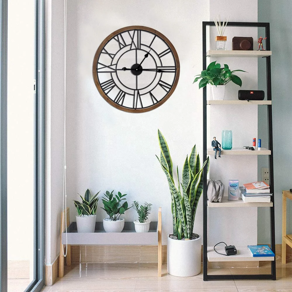 24 inch Large Roman Numeral Heavy Vintage Wood Frame Metal Wall Clocks for Living Room Decor Large Decorative Clock Oversized