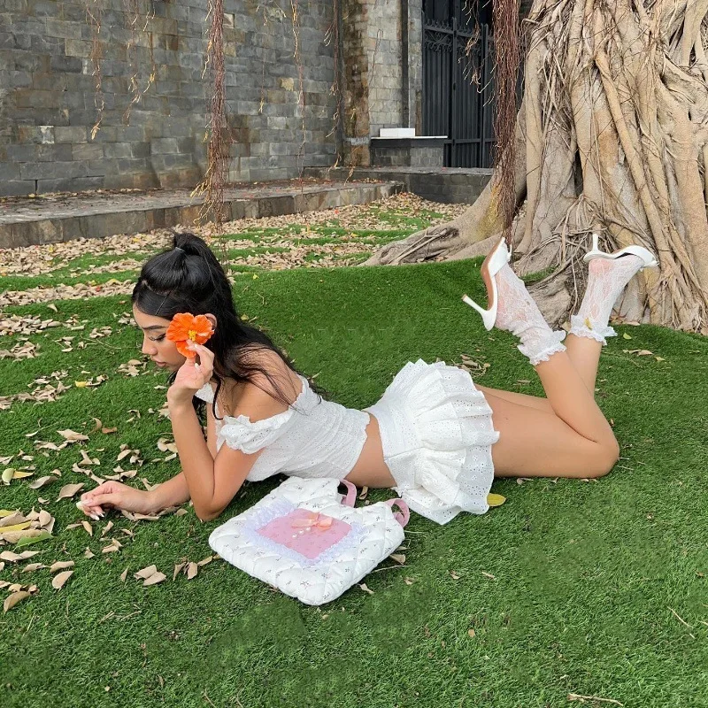 2024 Summer new French sweet puff sleeve top elegant ruffled skirt women two-piece white set