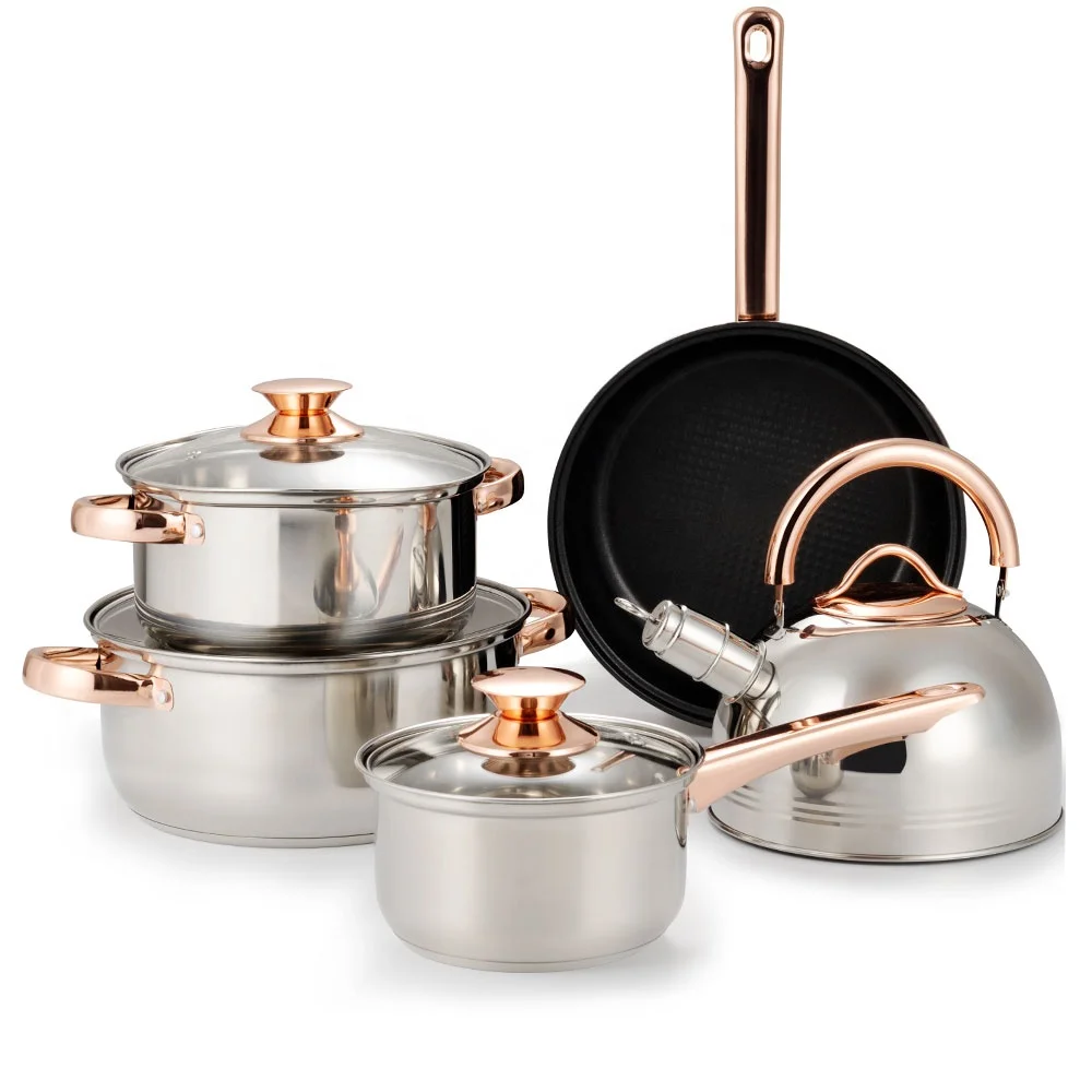 Kitchen 12Pcs Rose Gold Handle Stainless Steel Cooking Soup Nonstick Frying Pan Set Of Pot Cookingware Cookware Sets