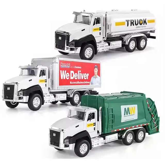 1:50 Metal pull back car toy with light sound green garbage truck toy container car oil tanker truck transportation collection