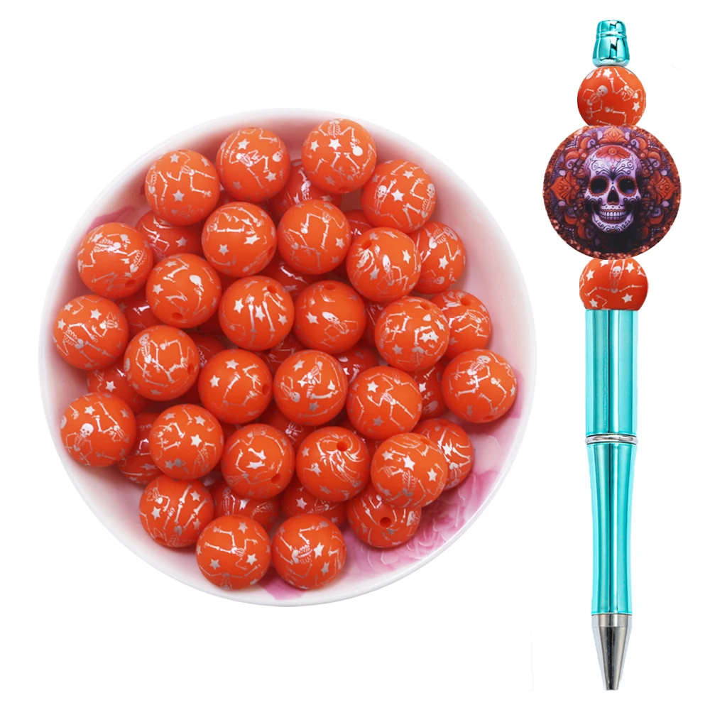 2024 New Designs Custom Printed Beads Printing Skull Halloween Baby Silicon Round Beads For Pens Keychain 15mm Silicone Beads