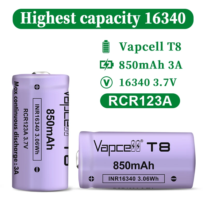 Аккумуляторные литий-ионные батарейки Vapcell T8 850 мАч 3 А INR16340 высокого качества для