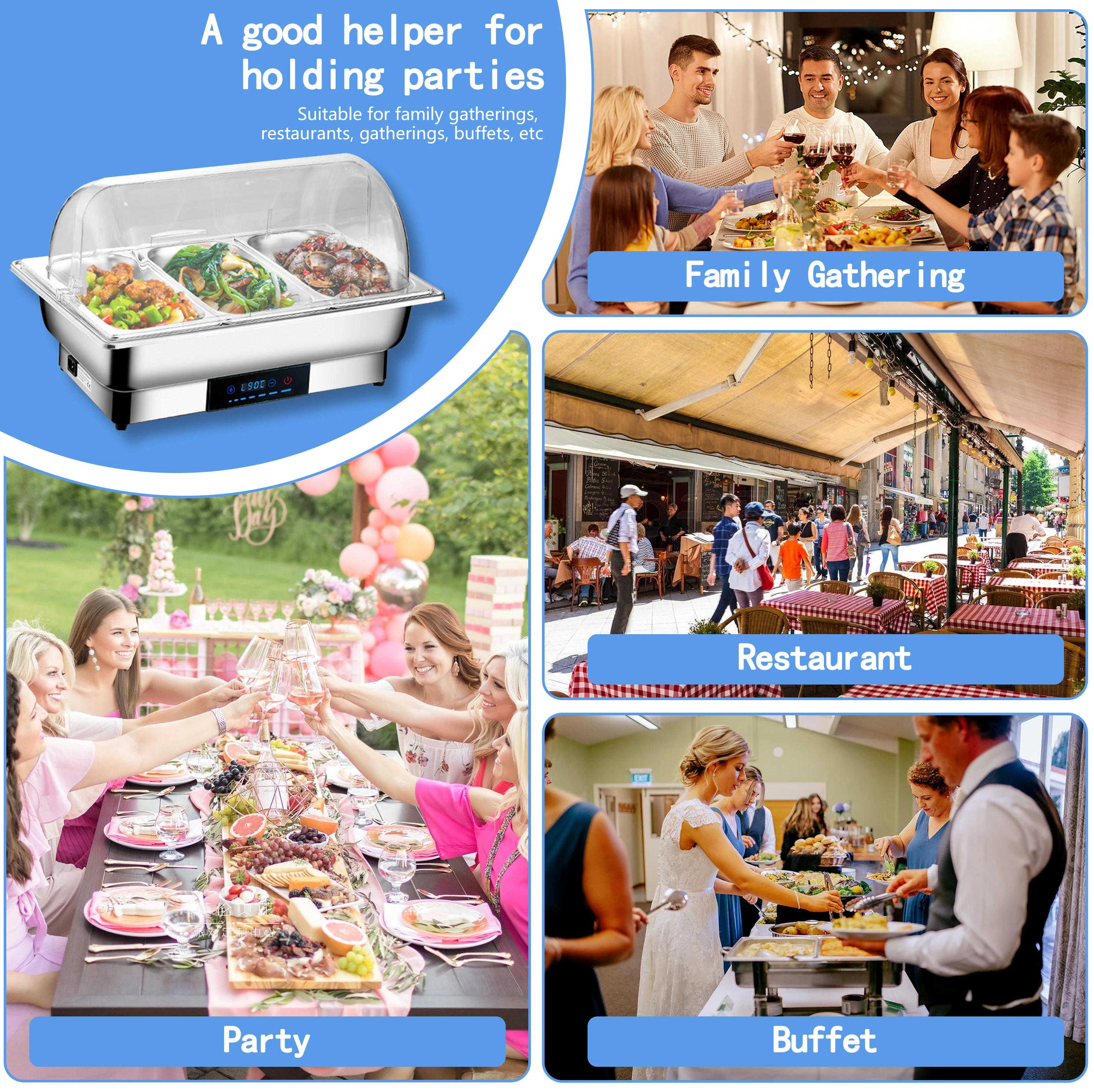 YITIAN Electric Stove 201Stainless Steel PC Cover buffet set Food Buffet Servers Warmers with Roll Top