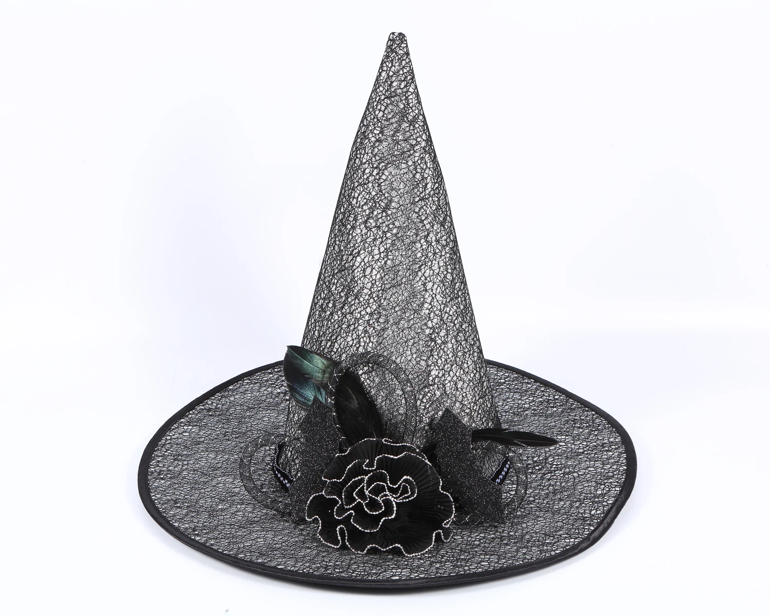 new design hot selling Halloween hat silvery and black Conical cap black rose Spiked witch hat for women party