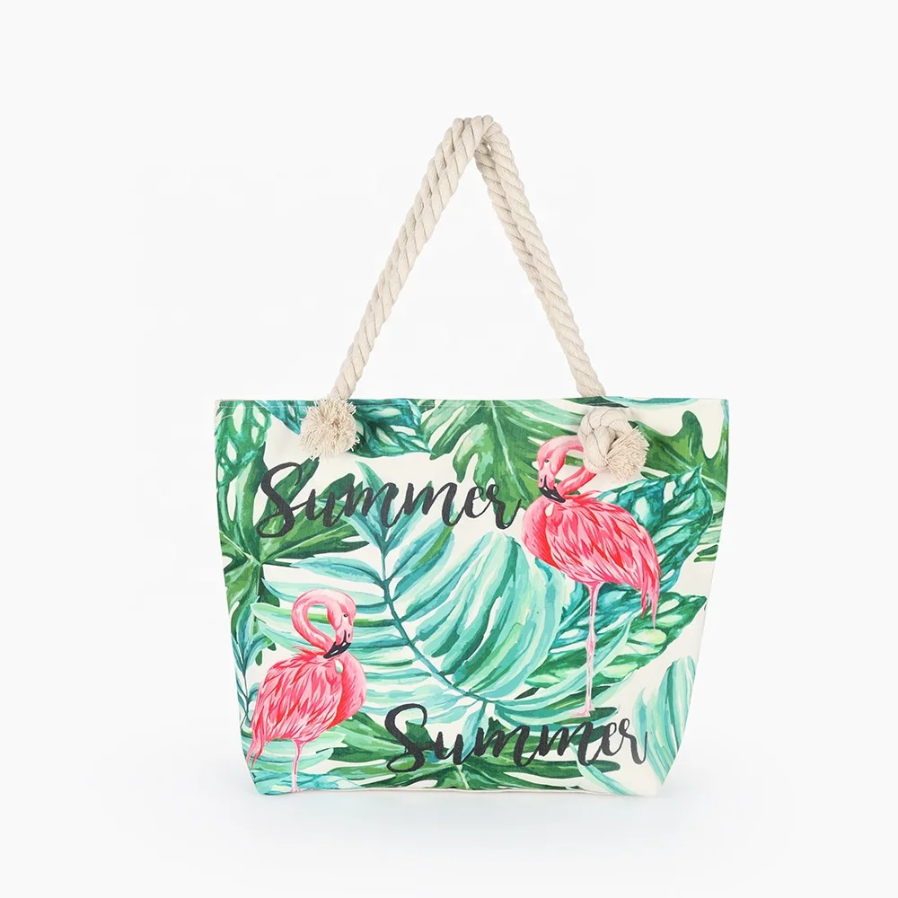 Hot selling fashion printed cotton rope handle canvas tote beach bag