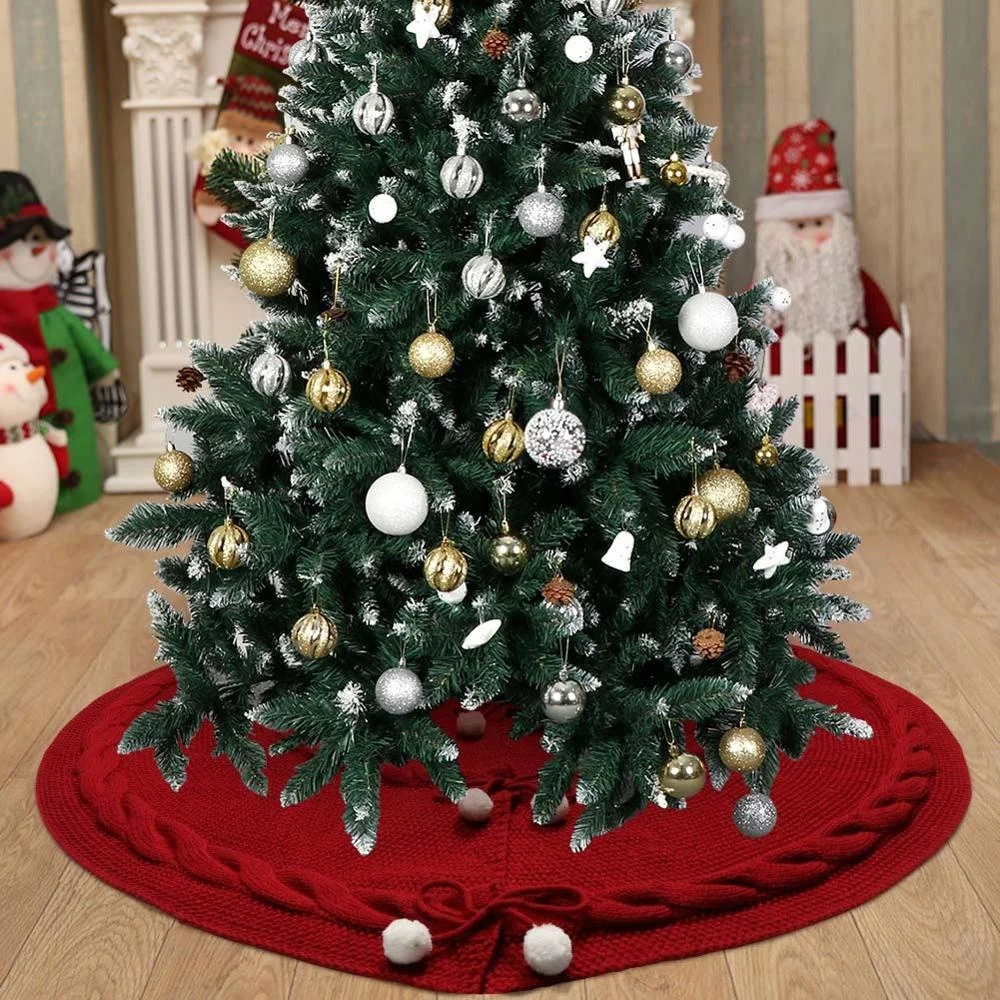 Ourwarm Wholesale Xmas Tree Decoration Round Cotton Wine Red Knitted Christmas Tree Skirt