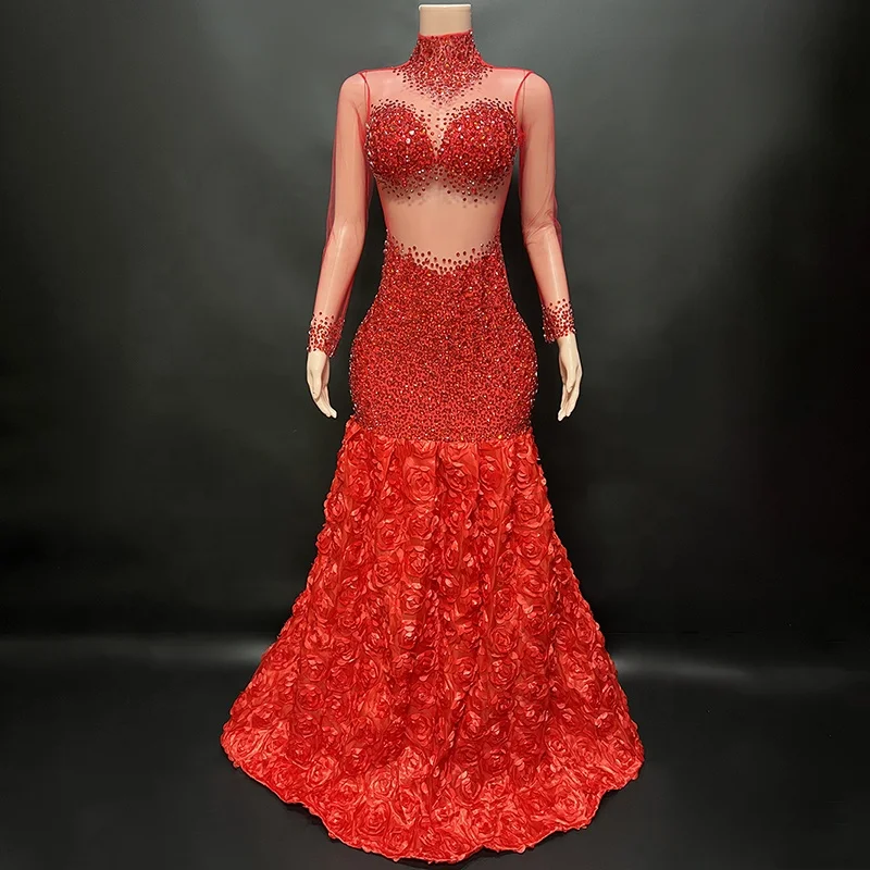 Rhinestone Customize New Arrivals Women Clothing Red Dresses Party Evening Elegant Sexy Long sleeve Sequin Dress Plus Size